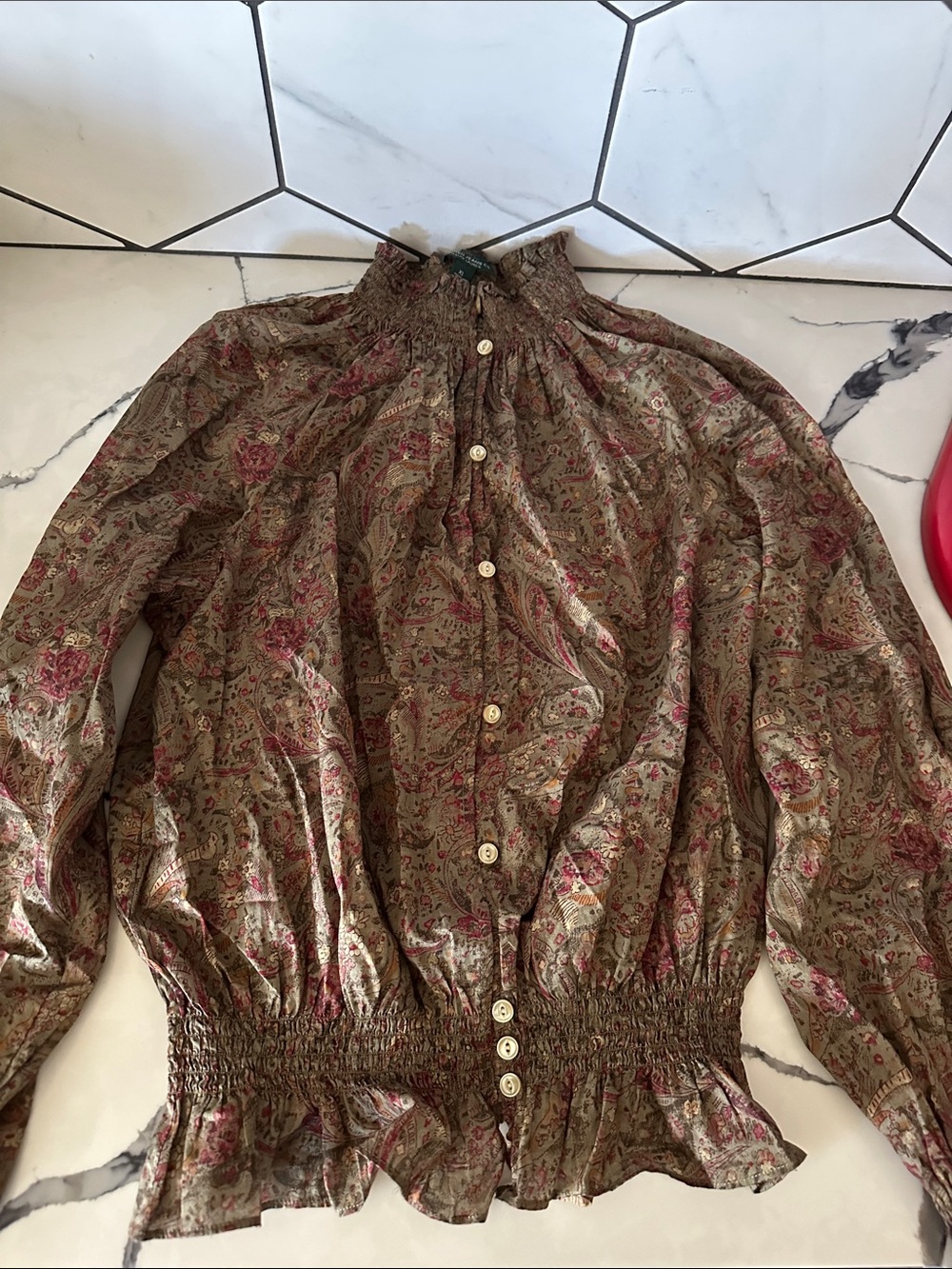 Ralph Lauren Brown Paisley Floral Smocked-Waist Button Blouse
